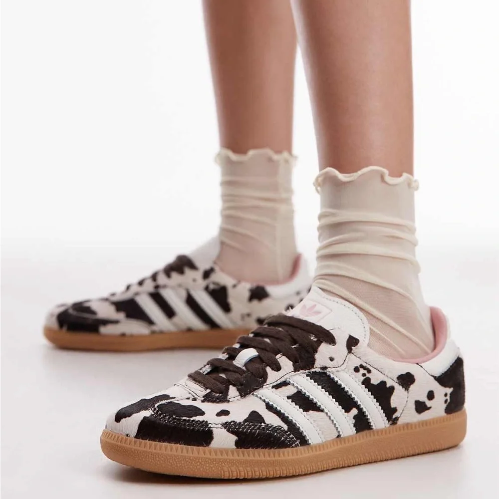 adidas Women's Cow Print Gazelle Sneakers in Black and White with Gum Sole